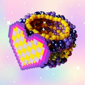 Kandi Cuff - Large 3x tall purple and yellow checkerboard heart perler